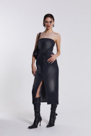 Jadedlondon Liberty 2 In 1 Detachable Denim Black Midi Dress | JADLDN23810