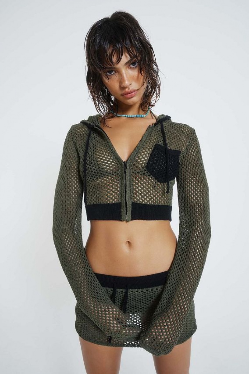 Jadedlondon Caldera Khaki Crochet Hoodie | JADLDN23897