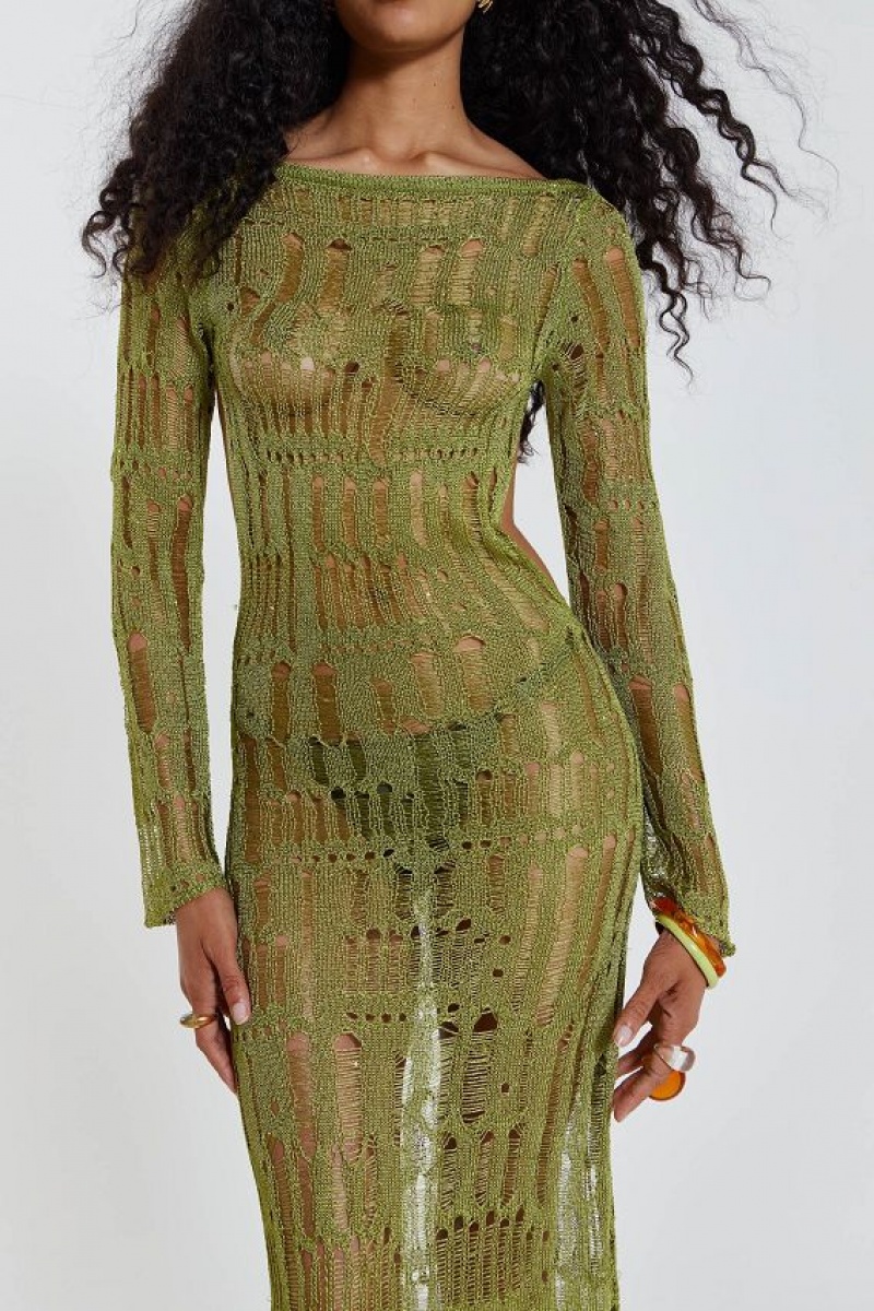 Jadedlondon Moss Green Metallic Umbra Maxi Dress | JADLDN24374