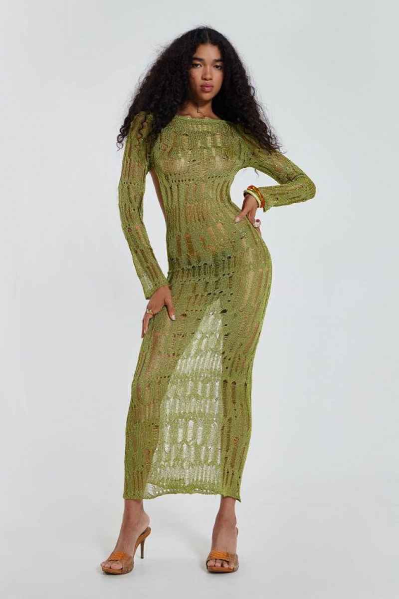 Jadedlondon Moss Green Metallic Umbra Maxi Dress | JADLDN24374