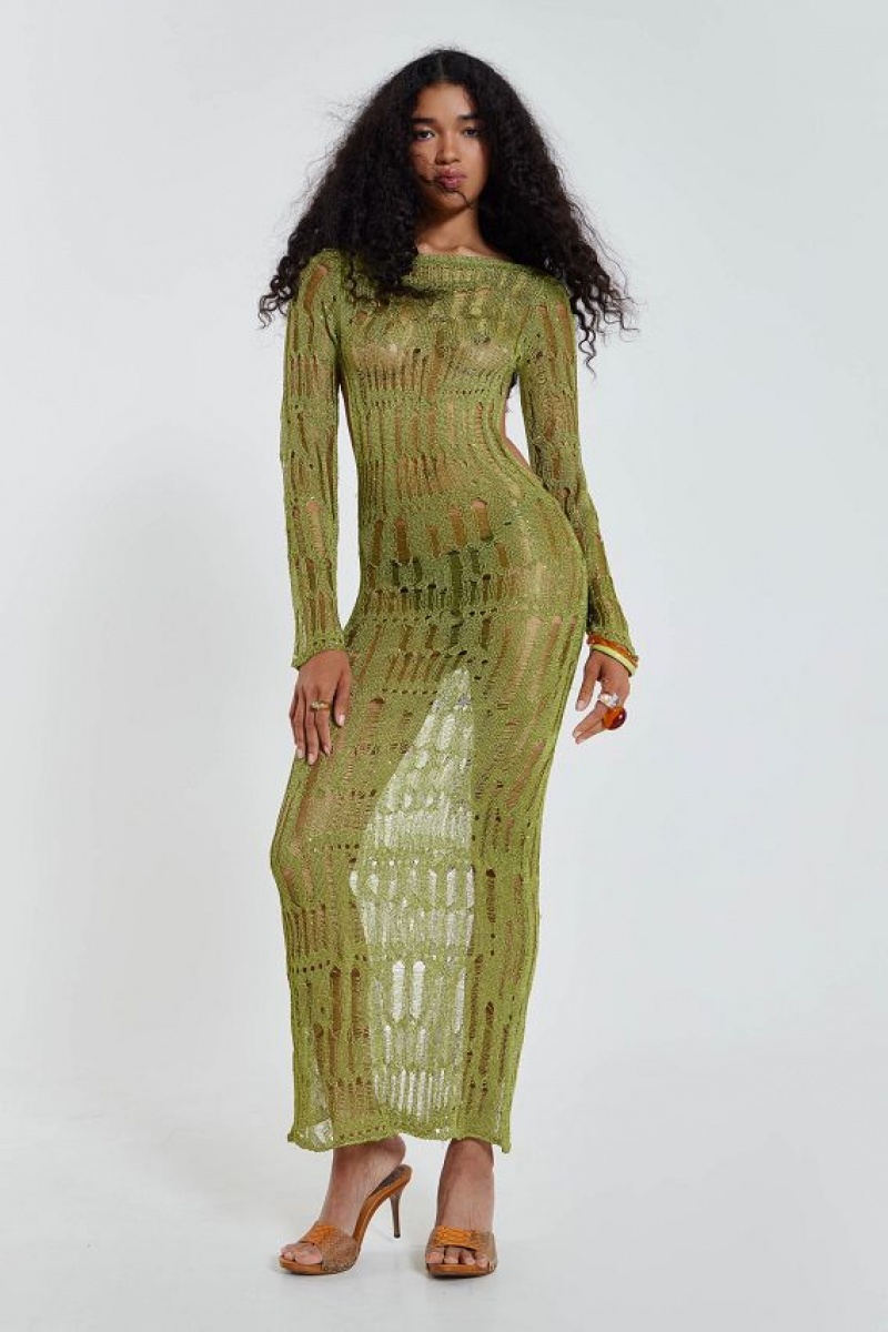 Jadedlondon Moss Green Metallic Umbra Maxi Dress | JADLDN24374