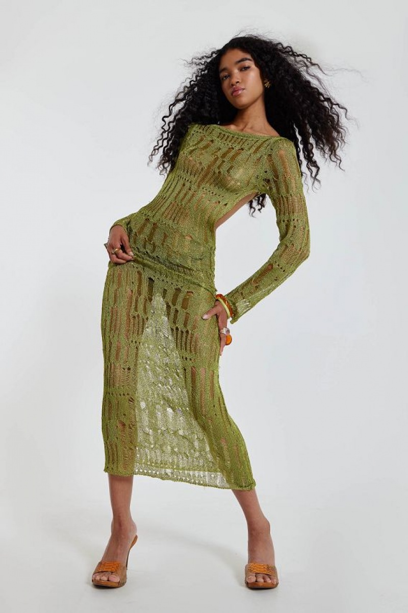 Jadedlondon Moss Green Metallic Umbra Maxi Dress | JADLDN23854