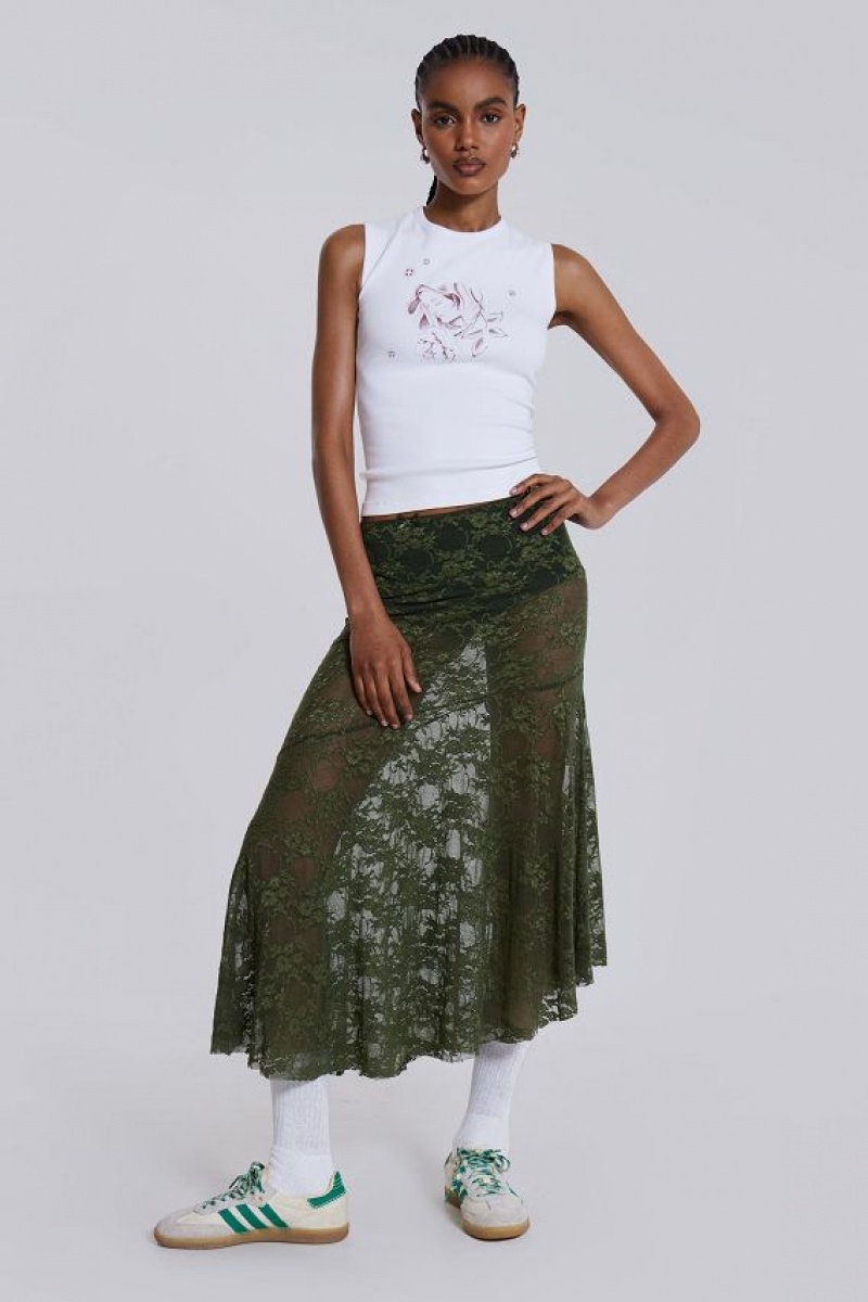 Jadedlondon Rhea Khaki Lace Midi Skirt | JADLDN24348