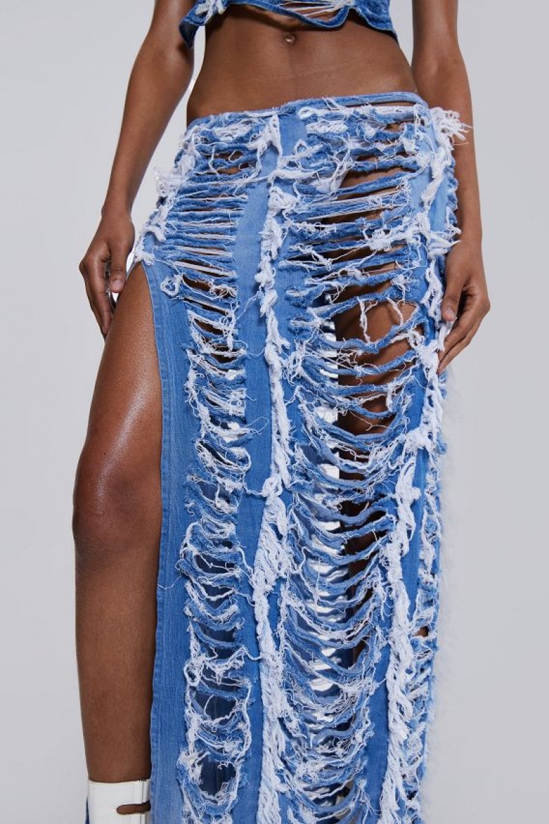 Jadedlondon Shredded Denim Maxi Skirt | JADLDN24208