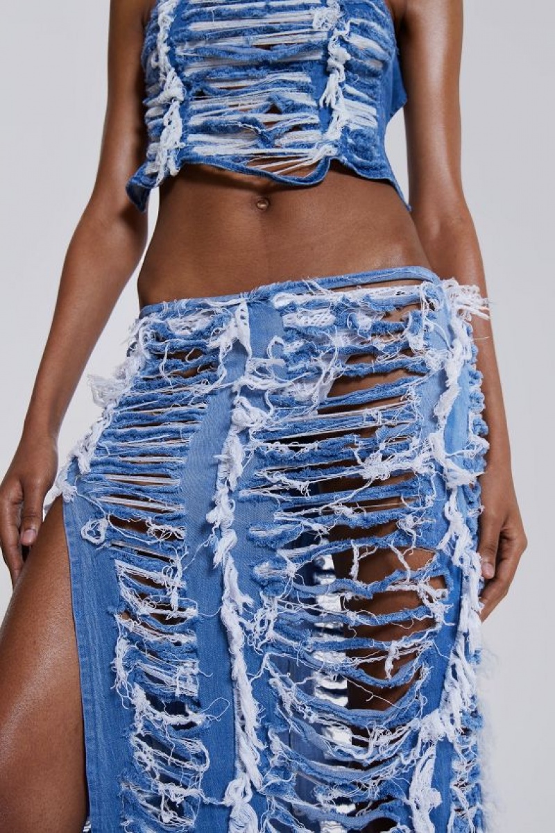 Jadedlondon Shredded Denim Maxi Skirt | JADLDN23862