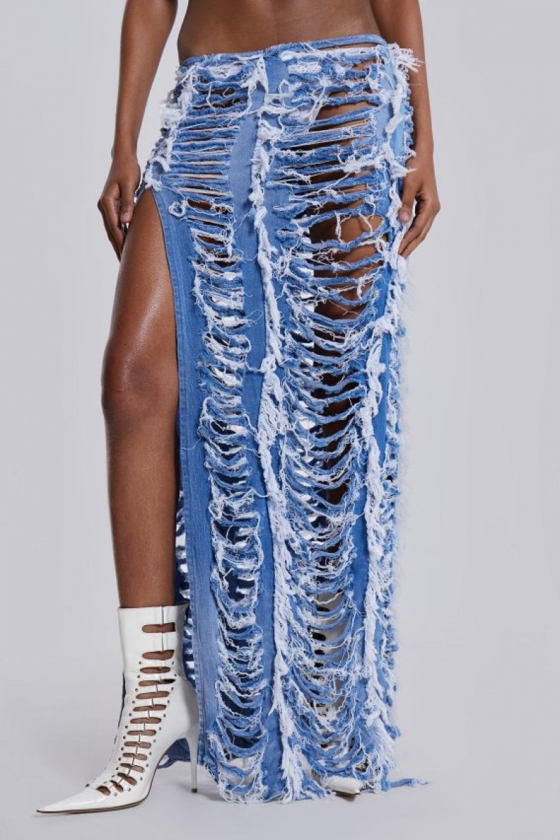 Jadedlondon Shredded Denim Maxi Skirt | JADLDN23862