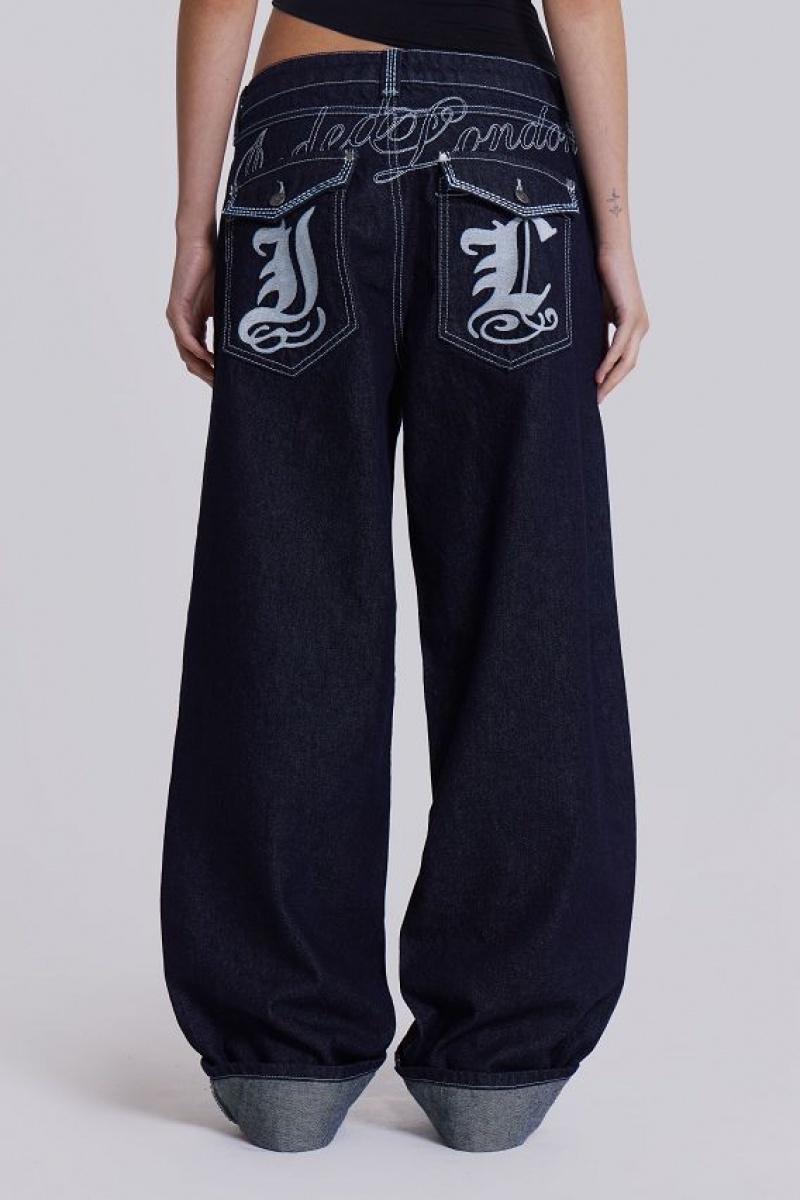 Jadedlondon Sonic Embroidered Baggy Jeans In Indigo | JADLDN24418