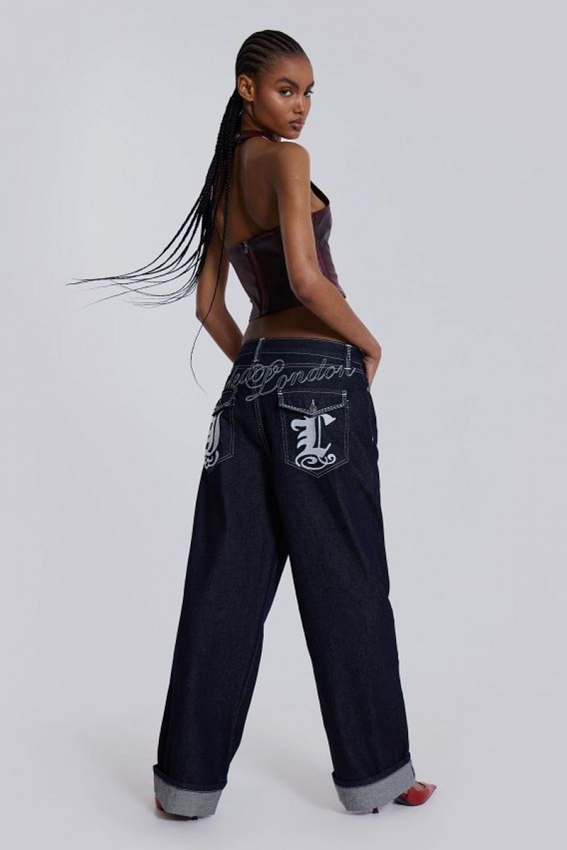 Jadedlondon Sonic Embroidered Baggy Jeans In Indigo | JADLDN24418