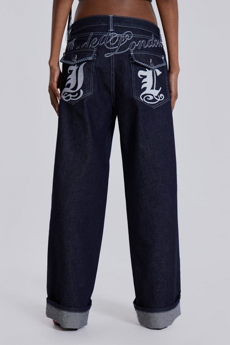 Jadedlondon Sonic Embroidered Baggy Jeans In Indigo | JADLDN24418