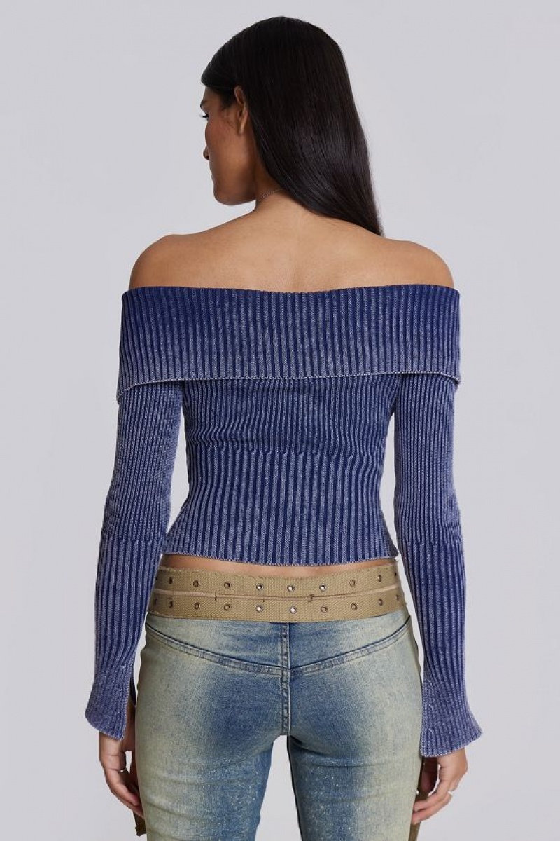 Jadedlondon Tribeca Blue Ribbed Off The Shoulder Knit | JADLDN23876