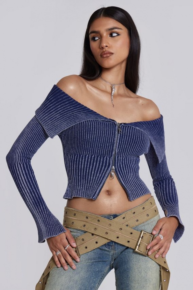 Jadedlondon Tribeca Blue Ribbed Off The Shoulder Knit | JADLDN23876